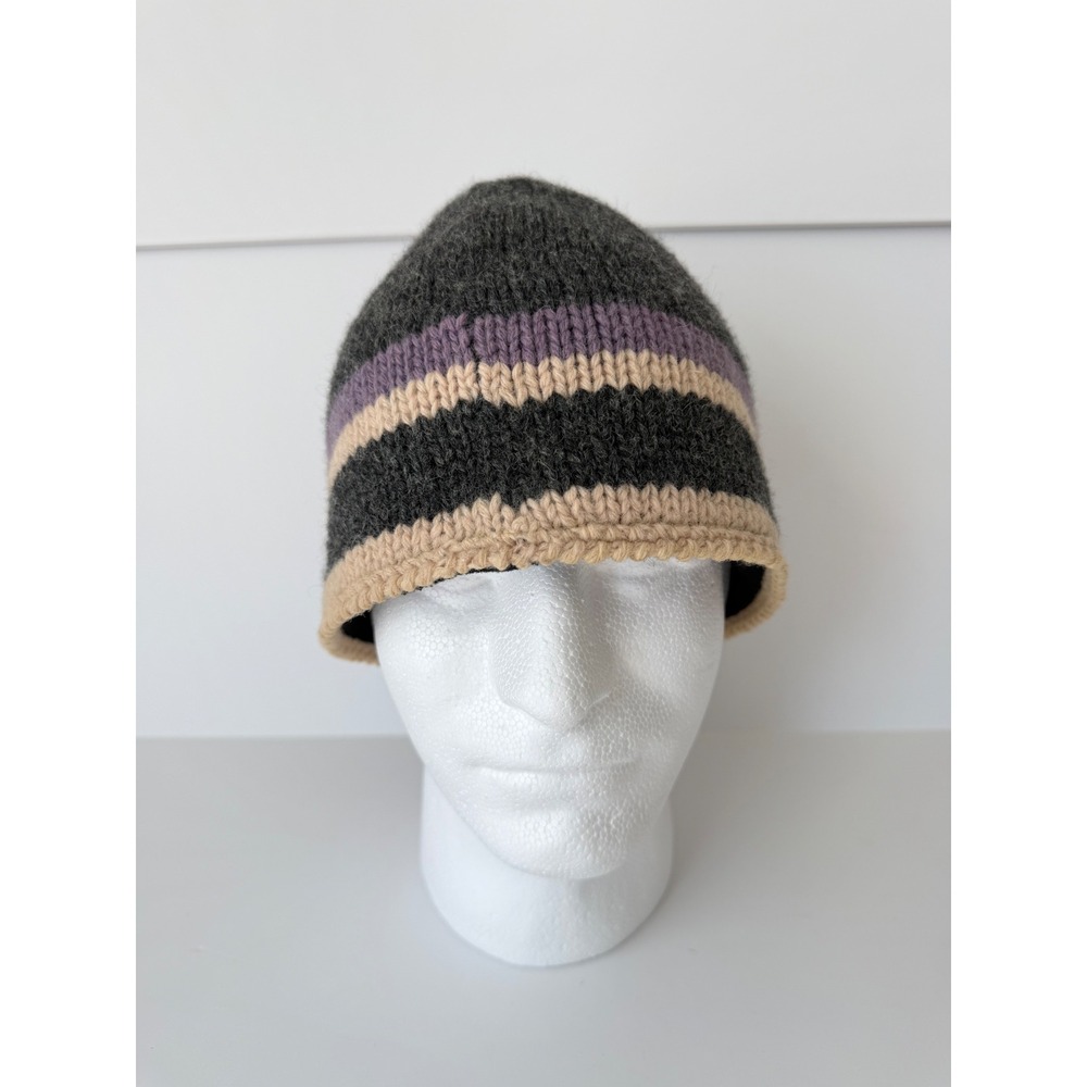 Lands End Womens Wool Striped Beanie Hat One Size Gray Purple Preppy Minimalist